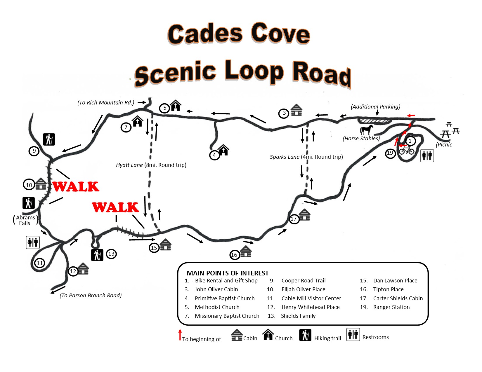Cades Cove Scenic Loop Map. The map holds points of interests and paths to take for walking, biking and running.